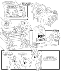 Size: 1300x1500 | Tagged: safe, artist:sketchyjackie, princess celestia, princess luna, oc, oc:fausticorn, g4, brussel sprouts, cewestia, coffin, comic, death, drama queen, eating, female, filly, filly celestia, filly luna, funeral, grave, imagination, lauren faust, memorial portrait, monochrome, woona, younger