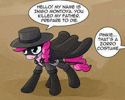Size: 1000x800 | Tagged: dead source, safe, artist:whatsapokemon, pinkie pie, g4, brown background, clothes, costume, dialogue, fail, female, hello, inigo montoya, mask, my name is inigo montoya, offscreen character, parody, prepare to die, quote, simple background, solo, the princess bride, you killed my father, zorro