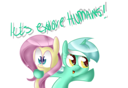 Size: 2191x1511 | Tagged: safe, artist:peppyfez, fluttershy, lyra heartstrings, g4, duo, humie