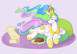 Size: 1170x818 | Tagged: safe, artist:yellow-jelly, princess celestia, alicorn, pony, g4, cake, cakelestia, crown, female, hair over one eye, hoof shoes, jewelry, mare, no pupils, pillow, prone, regalia, scroll, solo