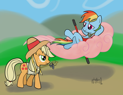 Size: 1200x931 | Tagged: safe, artist:phallen1, applejack, rainbow dash, pony, g4, clothes, cloud, duo, hat, journey to the west, on a cloud, pink cloud, rainbow dash always dresses in style, staff, sun wukong, xuanzang