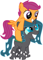 Size: 4314x6000 | Tagged: safe, artist:masem, scootaloo, oc, changeling, pony, g4, absurd resolution, duo, simple background, transparent background, vector
