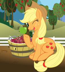 Size: 1360x1500 | Tagged: safe, artist:g-blue16, applejack, earth pony, pony, g4, apple, applejack's hat, cowboy hat, female, fence, food, freckles, hat, mare, orchard, sitting, solo, stetson, sweet apple acres, wink