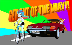 Size: 2788x1744 | Tagged: safe, artist:garretthegarret, rainbow dash, sunset shimmer, equestria girls, g4, angry, bicycle, car, driving, rover (car), rover sd1