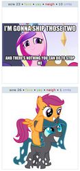 Size: 264x562 | Tagged: safe, princess cadance, scootaloo, oc, changeling, g4, exploitable meme, image macro, juxtaposition, juxtaposition win, meme, shipping