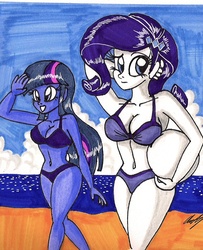 Size: 891x1095 | Tagged: safe, artist:newyorkx3, rarity, twilight sparkle, equestria girls, g4, ball, beach, belly button, bikini, breasts, busty rarity, busty twilight sparkle, cleavage, clothes, cropped, duo, duo female, female, humanized, swimsuit, traditional art