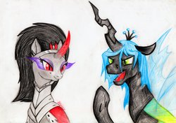 Size: 1024x720 | Tagged: safe, artist:arxuicy, king sombra, queen chrysalis, g4, changeling king, cute, female, king metamorphosis, male, morphabetes, pencil drawing, queen umbra, rule 63, rule63betes, ship:chrysombra, shipping, simple background, straight, traditional art, umbradorable, umbramorphosis, white background