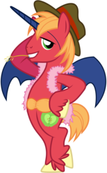 Size: 3200x5200 | Tagged: safe, artist:yanoda, big macintosh, earth pony, pony, g4, bipedal, bra, bra on pony, clothes, fabulous, fake horn, fake wings, feather boa, hat, male, simple background, solo, transparent background, underwear, vector