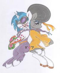 Size: 2359x2905 | Tagged: safe, artist:mohawkrex, dj pon-3, octavia melody, vinyl scratch, g4, afro, bump, butt bump, butt to butt, butt touch, clothes, dancing, disco, fashion