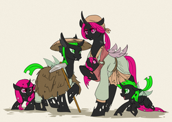 Size: 1000x707 | Tagged: safe, artist:mr-tiaa, oc, oc only, changeling, changeling oc, clothes, family, green changeling, japanese, pink changeling