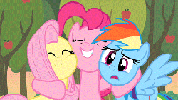 Size: 450x253 | Tagged: safe, screencap, fluttershy, pinkie pie, rainbow dash, pony, g4, the super speedy cider squeezy 6000, animated, apple, apple tree, eyes closed, female, hoof around neck, hug, nose in the air, side hug, squishy cheeks, sweet apple acres, tree