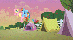 Size: 450x253 | Tagged: safe, screencap, fluttershy, pinkie pie, rainbow dash, pony, g4, the super speedy cider squeezy 6000, animated, dawn, faceplant, falling, female, tent