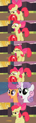 Size: 640x2160 | Tagged: safe, artist:dtkraus, edit, edited screencap, screencap, apple bloom, scootaloo, sweetie belle, g4, the cutie pox, belly, bowling, bowling ball, comic, cutie mark crusaders, eating, fail, screencap comic, wat