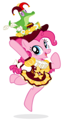 Size: 775x1400 | Tagged: safe, artist:pixelkitties, gummy, pinkie pie, pony, bipedal, clothes, female, hat, jester, jester pie, ruff (clothing), simple background, solo, transparent background