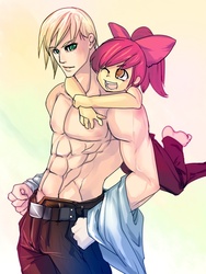 Size: 600x800 | Tagged: safe, artist:bakki, apple bloom, big macintosh, human, g4, bishonen, clothes, hug, humanized, muscles, partial nudity, siblings, topless, vein