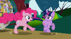 Size: 704x390 | Tagged: safe, screencap, pinkie pie, twilight sparkle, parasprite, g4, swarm of the century, animated, duo, female, galloping, loop, rolling, run cycle, running, tree