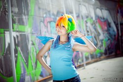 Size: 1280x853 | Tagged: safe, artist:ooobuta-kunooo, rainbow dash, human, g4, bra strap, clothes, cosplay, irl, irl human, photo, solo, tank top