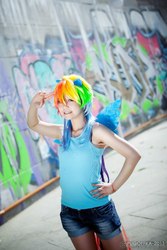 Size: 682x1024 | Tagged: safe, artist:ooobuta-kunooo, rainbow dash, human, g4, bra strap, clothes, cosplay, irl, irl human, photo, solo, tank top