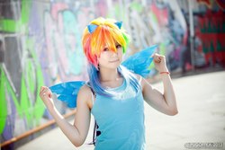 Size: 1280x853 | Tagged: safe, artist:ooobuta-kunooo, rainbow dash, human, g4, bra strap, clothes, cosplay, irl, irl human, photo, ribbon, solo, tank top