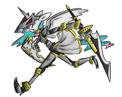 Size: 1024x819 | Tagged: safe, artist:voids-edge, princess celestia, alicorn, anthro, plantigrade anthro, g4, armor, boots, female, glare, gritted teeth, helmet, high heel boots, high heels, mare, running, shield, shoes, simple background, solo, spread wings, sword, transparent background, warrior celestia, weapon, wings