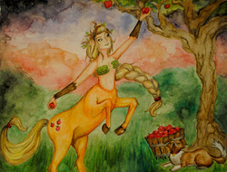 Size: 2896x2198 | Tagged: safe, artist:chocobojockey, applejack, winona, centaur, g4, apple, apple tree, belly button, centaurjack, food, traditional art, tree