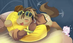 Size: 740x437 | Tagged: safe, artist:ende26, doctor whooves, time turner, g4, banana, bed, food, goggles, hug, tail wiggle