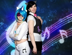 Size: 743x569 | Tagged: safe, artist:airbear101, artist:mishacosplay, dj pon-3, octavia melody, vinyl scratch, human, g4, cosplay, irl, irl human, photo