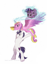 Size: 500x683 | Tagged: safe, artist:cosmicunicorn, princess cadance, shining armor, twilight sparkle, alicorn, pony, g4, bipedal, epic, epic wife tossing, fastball special, female, goggles, grin, gritted teeth, magic, mare, silly, smiling, spread wings, twilight sparkle (alicorn)