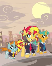 Size: 1207x1513 | Tagged: safe, artist:cazra, snails, snips, sunset shimmer, pony, unicorn, g4, cellphone, clothes, suit, sunglasses