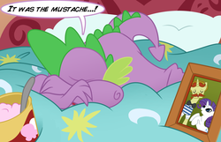 Size: 5492x3542 | Tagged: dead source, safe, artist:multiversecafe, flam, rarity, spike, dragon, pony, unicorn, g4, absurd resolution, bed, comfort eating, crying, facial hair, female, food, forever alone, friendzone, ice cream, male, moustache, photo, picture frame, pillow, rariflam, sad, ship:sparity, shipping, spoon, straight
