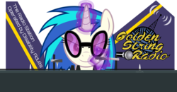 Size: 12286x6400 | Tagged: dead source, safe, artist:dcencia, artist:parclytaxel, dj pon-3, vinyl scratch, pony, unicorn, g4, .svg available, absurd resolution, female, glasses, glowing horn, golden string radio, horn, leech lattice, levitation, magic, mare, microphone, request, simple background, smiling, solo, sunglasses, telekinesis, text, transparent background, turntable, vector