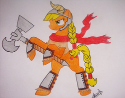 Size: 560x442 | Tagged: safe, artist:tvensnake, applejack, g4, axe, female, hammer, mjölnir, solo, traditional art, weapon