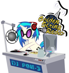 Size: 5682x6000 | Tagged: dead source, safe, artist:dcencia, artist:masem, dj pon-3, vinyl scratch, pony, unicorn, g4, absurd resolution, computer, cutie mark, female, glasses, golden string radio, headphones, hooves, horn, mare, microphone, request, simple background, smiling, solo, sunglasses, text, transparent background, turntable, vector