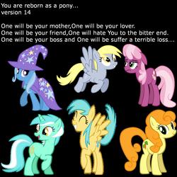 Size: 2000x2000 | Tagged: safe, carrot top, cheerilee, derpy hooves, golden harvest, lyra heartstrings, sunshower raindrops, trixie, pegasus, pony, g4, female, mare, reborn as a pony