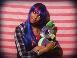 Size: 1600x1200 | Tagged: safe, artist:akwardfairy, spike, twilight sparkle, human, g4, cosplay, irl, irl human, photo, plushie, solo, spike plushie