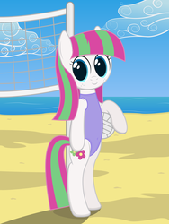 Size: 774x1032 | Tagged: safe, artist:joey, blossomforth, pony, g4, beach, bipedal, clothes, female, freckles, one-piece swimsuit, solo, swimsuit, volleyball