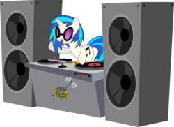 Size: 12829x9321 | Tagged: dead source, safe, artist:dcencia, artist:silentmatten, dj pon-3, vinyl scratch, pony, unicorn, g4, absurd resolution, commission, cutie mark, female, glasses, golden string radio, hooves, horn, mare, open mouth, simple background, smiling, solo, sunglasses, text, transparent background, turntable, vector