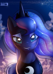 Size: 1124x1561 | Tagged: dead source, safe, artist:skyart301, princess luna, alicorn, pony, g4, crown, female, horn, jewelry, looking at you, mare, regalia, smiling, solo, sunset, wings