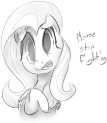 Size: 439x505 | Tagged: safe, artist:dotkwa, fluttershy, g4, dialogue, drama, female, grayscale, monochrome, solo