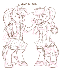 Size: 1020x1200 | Tagged: safe, artist:sion, applejack, rainbow dash, anthro, g4, clothes, dialogue, eating, grayscale, mary janes, midriff, monochrome, necktie, pleated skirt, ponytail, satchel, school uniform, schoolgirl, skirt, socks, zettai ryouiki