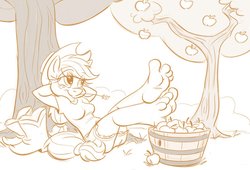 Size: 1280x871 | Tagged: safe, artist:kuroi-wolf, applejack, earth pony, anthro, plantigrade anthro, g4, apple, barefoot, boots, breasts, feet, female, foot fetish, foot focus, monochrome, orchard, relaxing, resting, smiling, soles, solo, toes, tree