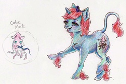 Size: 1605x1070 | Tagged: safe, artist:youmywaywardgirl, oc, oc only, oc:squidney, classical unicorn, horn, leonine tail, solo, text, traditional art