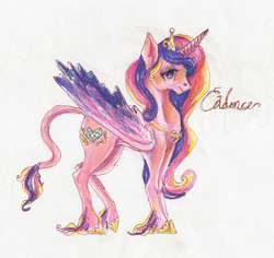 Size: 4632x4380 | Tagged: safe, artist:youmywaywardgirl, princess cadance, classical unicorn, g4, absurd resolution, female, horn, leonine tail, solo, text, traditional art