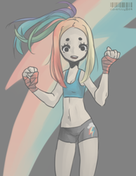 Size: 456x589 | Tagged: safe, artist:cinnacake, rainbow dash, human, g4, belly button, clothes, compression shorts, female, hand wraps, humanized, pixiv, solo, sports bra, sports shorts, thick eyebrows