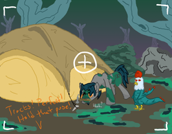 Size: 640x500 | Tagged: safe, artist:wryte, oc, oc only, cockatrice, earth pony, pony, camera, camera shot, camping, everfree forest, mouth hold, newbie artist training grounds, pov, slenderman, tent