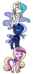 Size: 700x1550 | Tagged: safe, artist:ikyukyu, princess cadance, princess celestia, princess luna, alicorn, pony, g4, alicorn triarchy, female, levitation, mare, physically impossible, simple background, standing, tower of pony, transparent background, trio