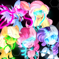 Size: 1000x1000 | Tagged: safe, artist:camellia, applejack, fluttershy, pinkie pie, rainbow dash, rarity, earth pony, pegasus, pony, unicorn, g4, eyes closed, female, floppy ears, glowing, hmd, looking at you, mare, remane five, science fiction, smiling