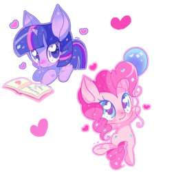 Size: 800x800 | Tagged: safe, artist:ipun, pinkie pie, twilight sparkle, g4, balloon, book, female, heart, heart eyes, lesbian, ship:twinkie, shipping, simple background, transparent background, wingding eyes
