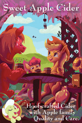 Size: 630x945 | Tagged: safe, artist:twitchykismet, apple bloom, applejack, big macintosh, granny smith, earth pony, pony, g4, advertisement, apple family, apple siblings, apple sisters, brother and sister, cider, cottagecore, female, filly, foal, male, mare, siblings, sisters, stallion, table, text
