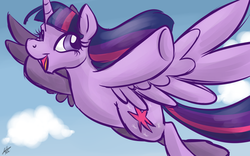 Size: 1280x800 | Tagged: dead source, safe, artist:irishthorns, twilight sparkle, alicorn, pony, g4, fanart, female, flying, mare, solo, twilight sparkle (alicorn)